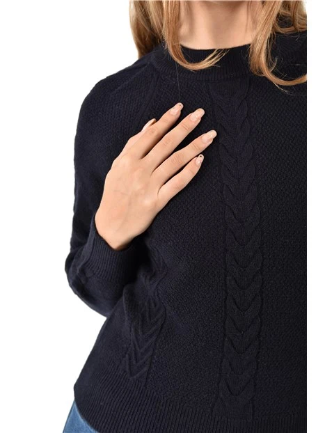 MAGLIA GIROCOLLO MISTO LANA CON RILIEVO AD INTRECCI DONNA BLU