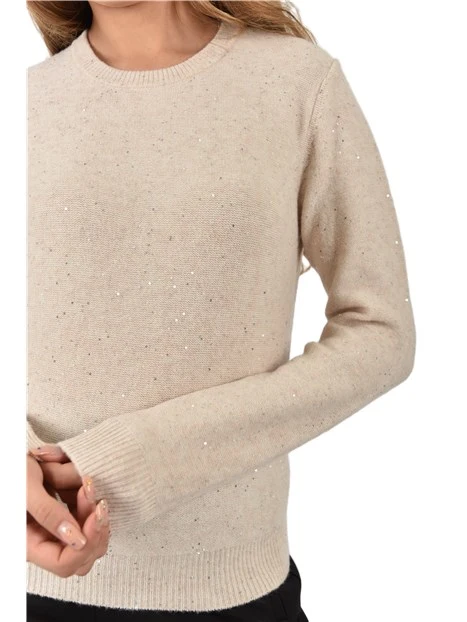 MAGLIA GIROCOLLO CON PAILLETTES E POLSI A COSTINE DONNA BEIGE