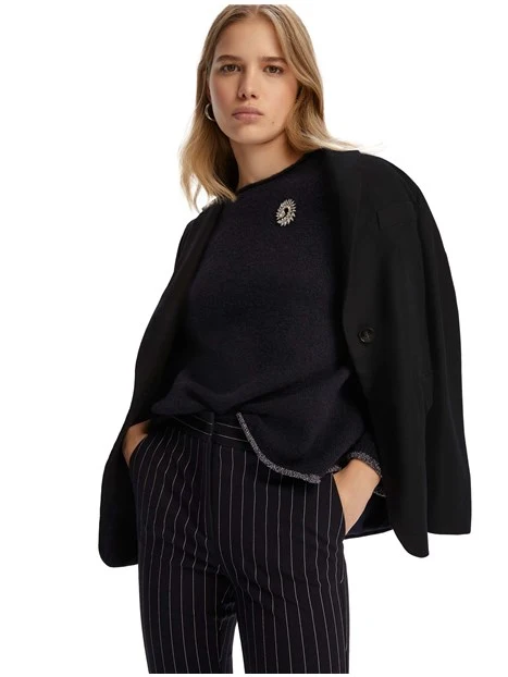 MAGLIA GIROCOLLO CON SPILLA GIOIELLO APPLICATA DONNA BLU