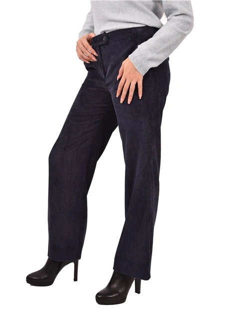 PANTALONI PALAZZO IN VELLUTO A COSTE CON BOTTONE A VISTA DONNA BLU SCURO
