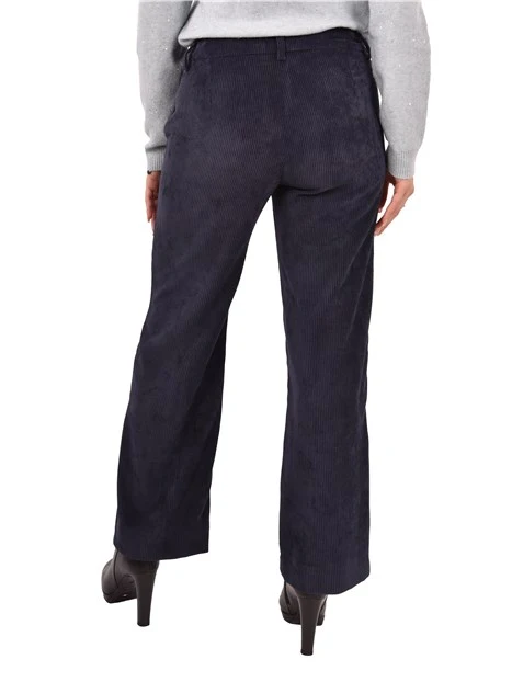 PANTALONI PALAZZO IN VELLUTO A COSTE CON BOTTONE A VISTA DONNA BLU SCURO
