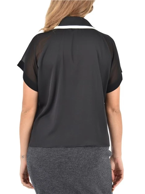POLO MANICA CORTA IN SATIN  CON DETTAGLI IN GEORGETTE DONNA NERO
