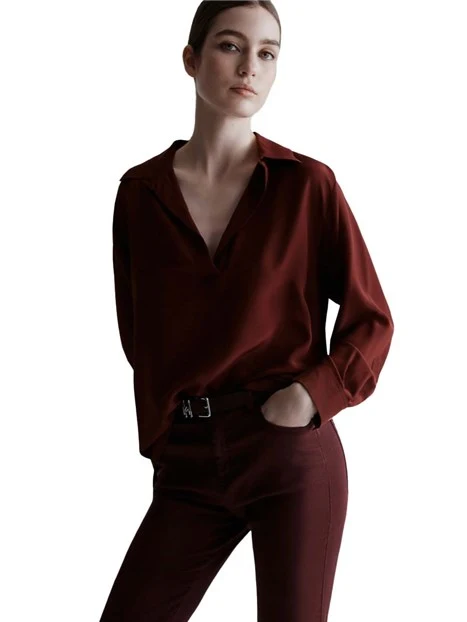 BLUSA IN SETA CON SCOLLO A V DONNA BORDEAUX