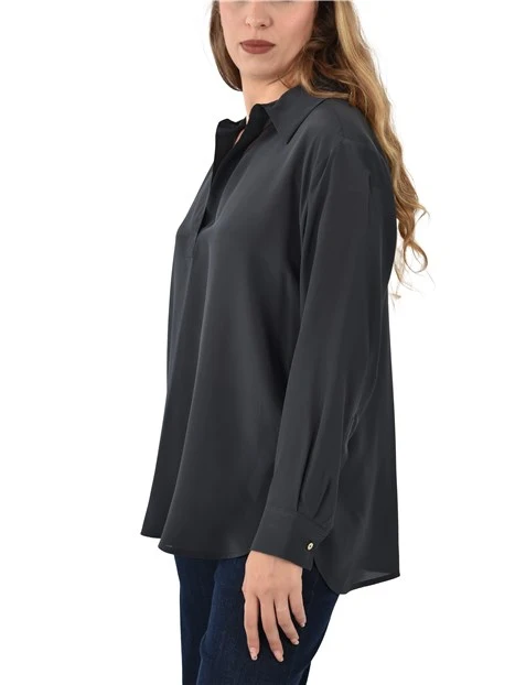 BLUSA IN PURA SETA CON COLLO A POLO DONNA ANTRACITE