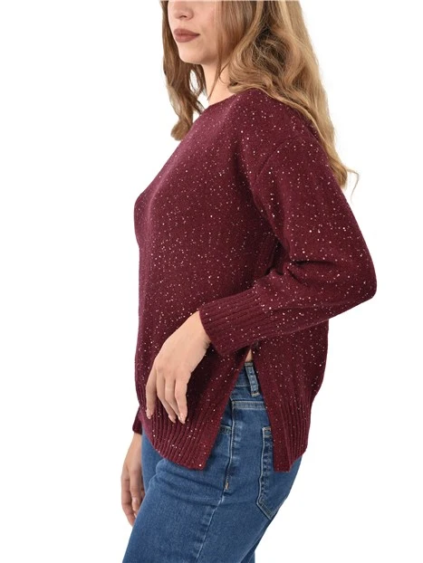 MAGLIA GIROCOLLO CON MICRO PAILLETTES E SPACCHI LATERALI DONNA BORDEAUX