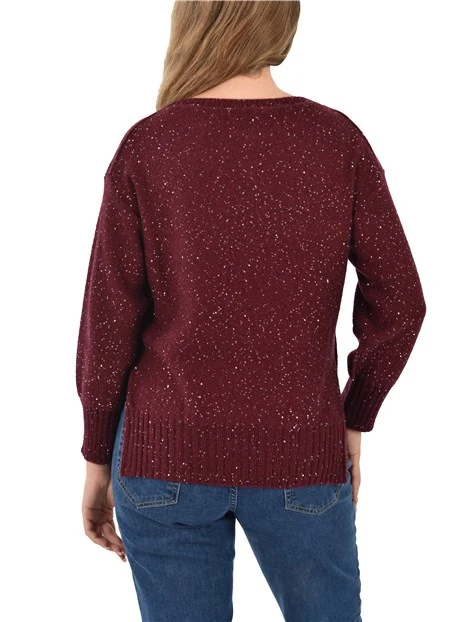MAGLIA GIROCOLLO CON MICRO PAILLETTES E SPACCHI LATERALI DONNA BORDEAUX