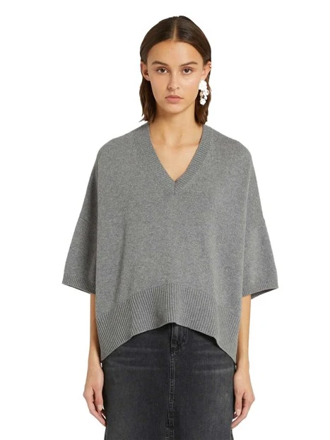 MAGLIA SCOLLO A V  RIFINITO A COSTINA DONNA GRIGIO