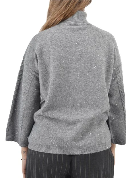 MAGLIA DOLCEVITA CON PAILLETTES E LAVORAZIONE A TRECCE DONNA GRIGIO