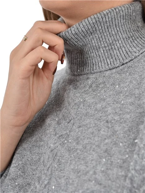 MAGLIA DOLCEVITA CON PAILLETTES E LAVORAZIONE A TRECCE DONNA GRIGIO