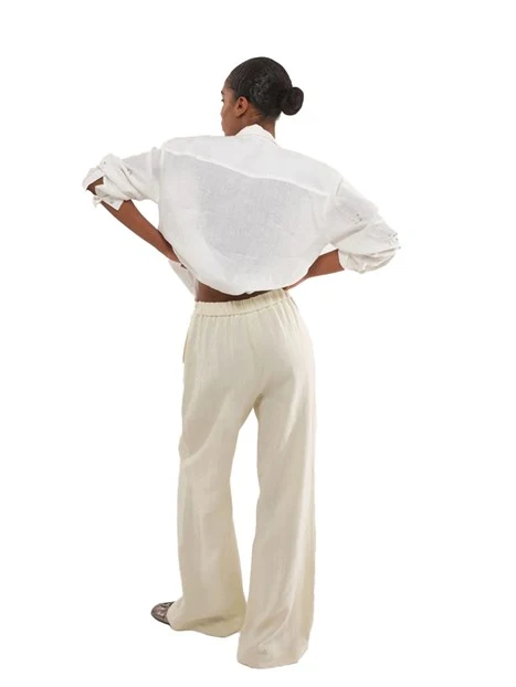 PANTALONE A PALAZZO IN MISTO LINO DONNA PANNA