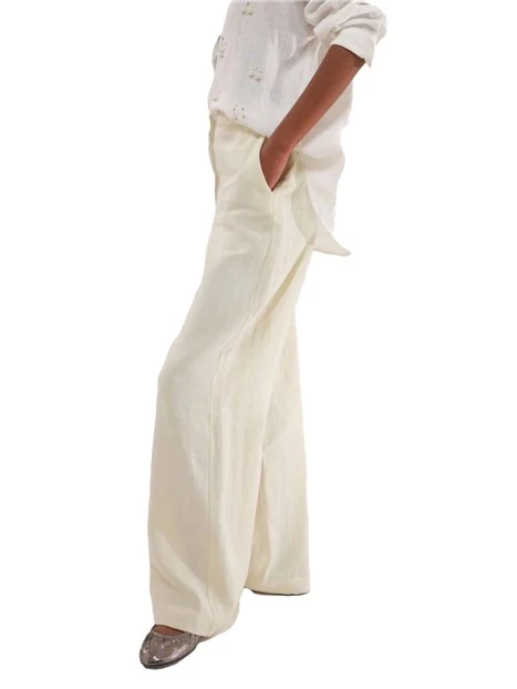 PANTALONE A PALAZZO IN MISTO LINO DONNA PANNA