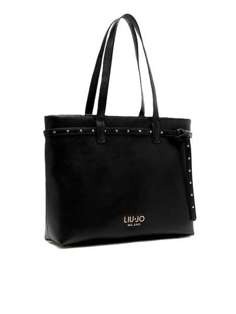 BORSA A SPALLA CON CINTURINO E LOGO DONNA NERO