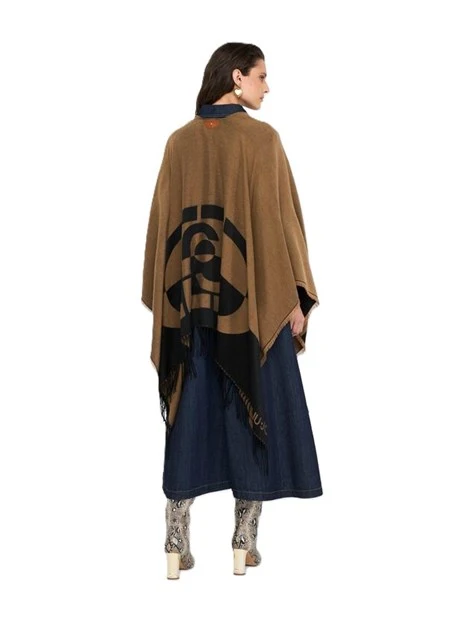PONCHO CON LOGO E FRANGE DONNA MARRONE