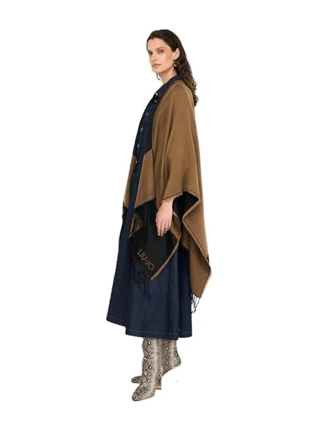 PONCHO CON LOGO E FRANGE DONNA MARRONE