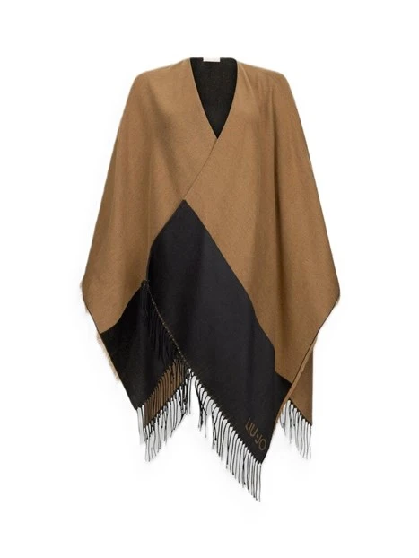 PONCHO CON LOGO E FRANGE DONNA MARRONE