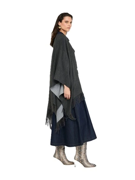 PONCHO CON LOGO E FRANGE  DONNA GRIGIO