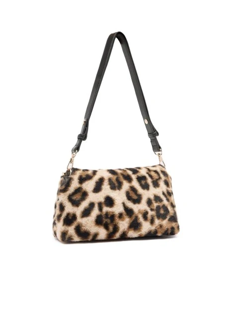 BORSA A SPALLA EFFETTO PELLICCIA ANIMALIER DONNA BEIGE