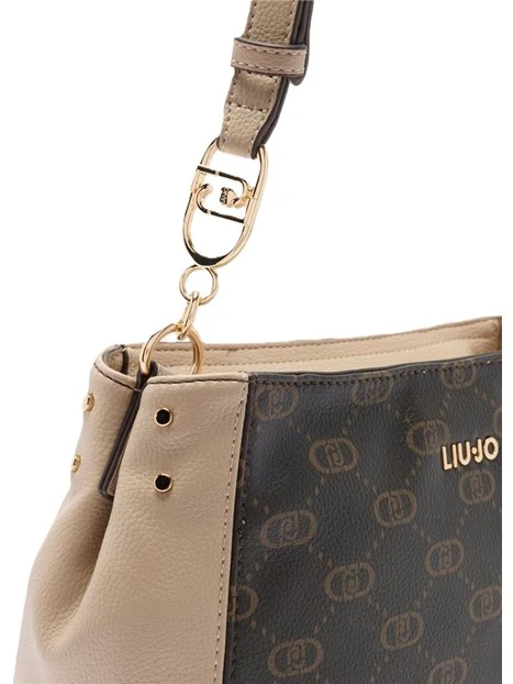 BORSA A SPALLA CON STAMPA LOGO DONNA BEIGE