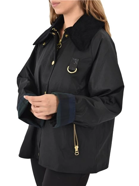 GIACCA IN COTONE CERATO CON RISVOLTO INTERNO IN TARTAN DONNA NERO