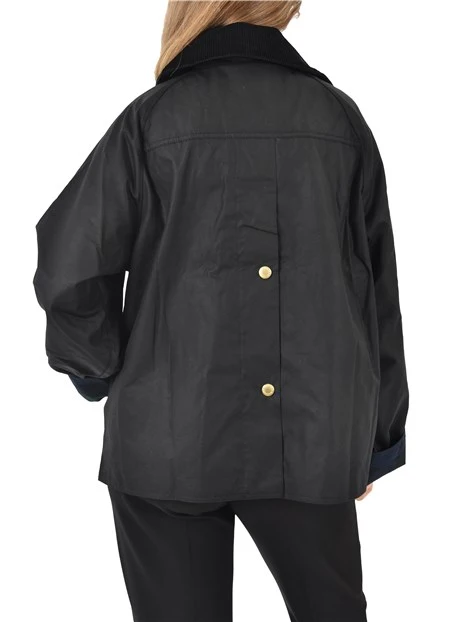 GIACCA IN COTONE CERATO CON RISVOLTO INTERNO IN TARTAN DONNA NERO