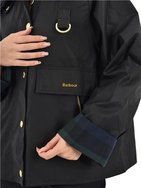 GIACCA IN COTONE CERATO CON RISVOLTO INTERNO IN TARTAN DONNA NERO