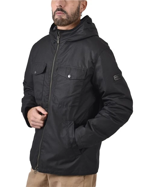 GIACCA IN COTONE CERATO CON CAPPUCCIO E DETTAGLI IN VELLUTO  UOMO NERO