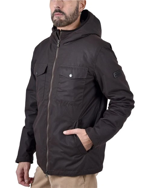 GIACCA IN COTONE CERATO CON CAPPUCCIO E DETTAGLI IN VELLUTO  UOMO MARRONE