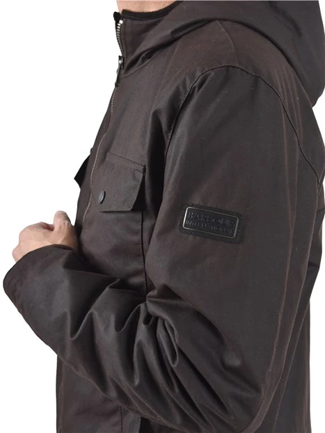 GIACCA IN COTONE CERATO CON CAPPUCCIO E DETTAGLI IN VELLUTO  UOMO MARRONE