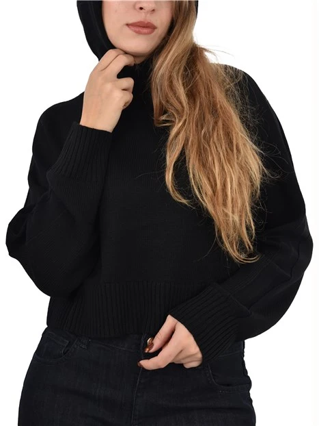 MAGLIA GIROCOLLO CROP CON CAPPUCCIO DONNA  NERO
