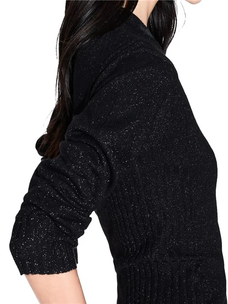 MAGLIA GIROCOLLO CON BORDI A COSTINE FILATO MISTO DONNA NERO