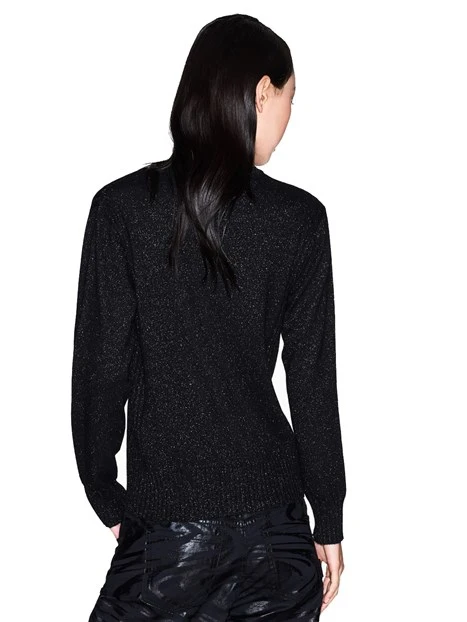 MAGLIA GIROCOLLO CON BORDI A COSTINE FILATO MISTO DONNA NERO