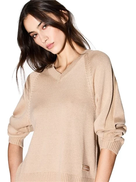 MAGLIA CON SCOLLO A V IN MISTO LANA DONNA BEIGE