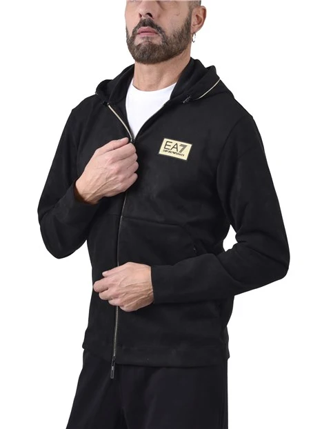 FELPA CON ZIP E CAPPUCCIO CON LOGO APPLICATO UOMO NERO