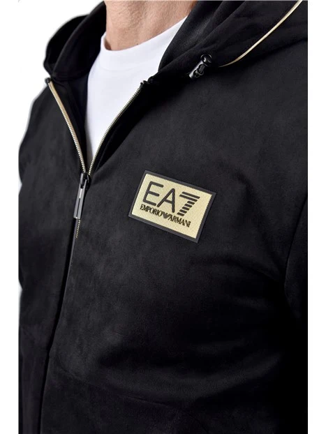 FELPA CON ZIP E CAPPUCCIO CON LOGO APPLICATO UOMO NERO