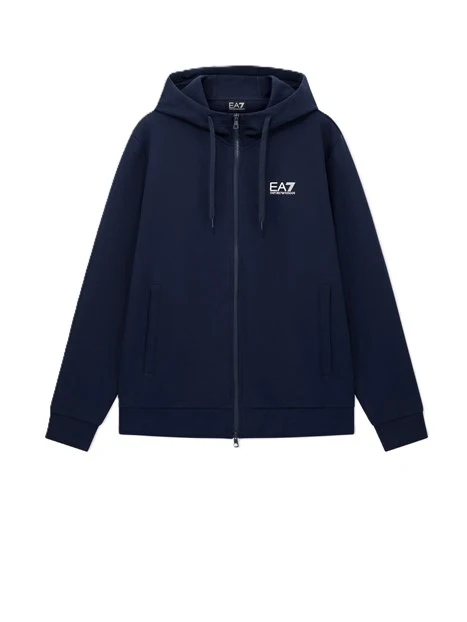 FELPA CON ZIP CAPPUCCIO E LOGO A CONTRASTO UOMO BLU