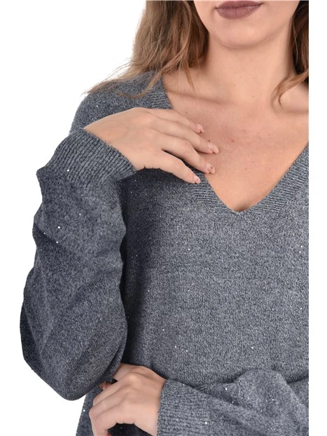 MAGLIA CON SCOLLO A V CON MICRO PAILETTES DONNA GRIGIO