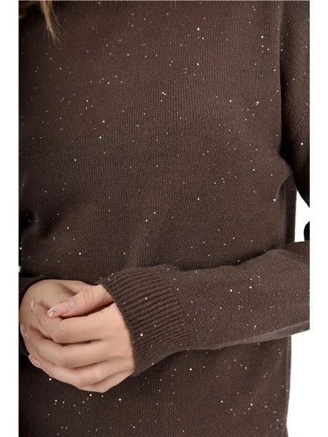 MAGLIA GIROCOLLO CON MICRO PAILLETTES IN VISCOSA  DONNA MARRONE