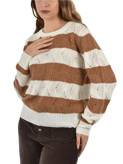 MAGLIA GIROCOLLO FANTASIA A RIGHE DONNA BIANCO