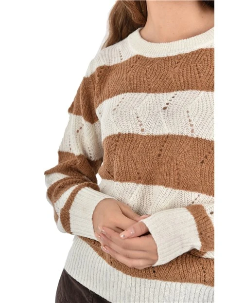 MAGLIA GIROCOLLO FANTASIA A RIGHE DONNA BIANCO