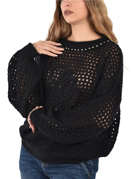 MAGLIA GIROCOLLO TRAFORATA CON STRASS DONNA NERO