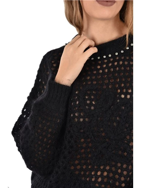 MAGLIA GIROCOLLO TRAFORATA CON STRASS DONNA NERO