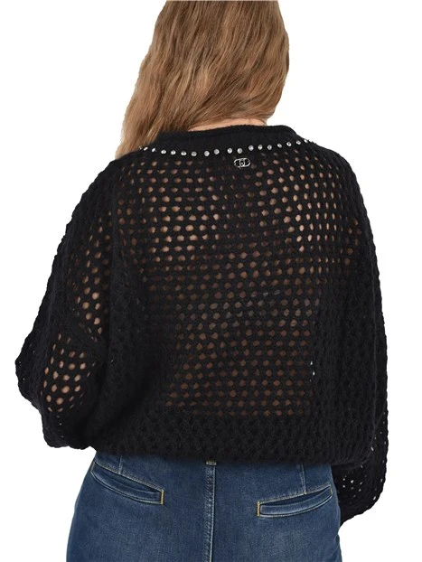 MAGLIA GIROCOLLO TRAFORATA CON STRASS DONNA NERO