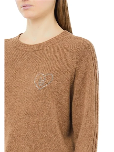 MAGLIA GIROCOLLO A COSTINE CON APPLICAZIONI GIOIELLO DONNA BEIGE