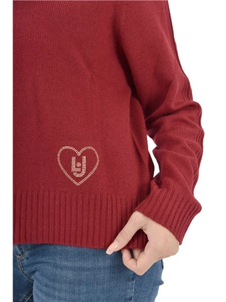 MAGLIA GIROCOLLO A COSTINE CON APPLICAZIONI GIOIELLO DONNA ROSSO