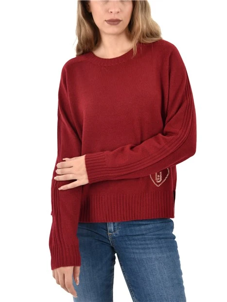 MAGLIA GIROCOLLO A COSTINE CON APPLICAZIONI GIOIELLO DONNA ROSSO