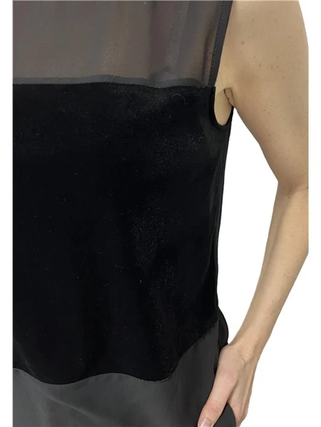 TOP SMANICATO CON TRASPARENZA ED INSERTO IN VELLUTO DONNA NERO