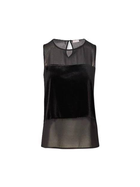 TOP SMANICATO CON TRASPARENZA ED INSERTO IN VELLUTO DONNA NERO