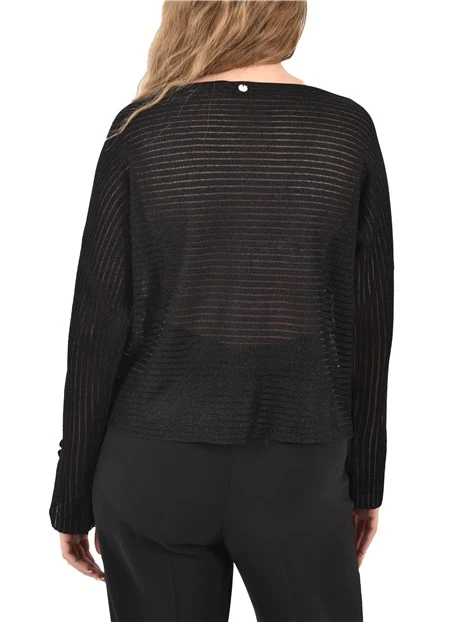 MAGLIA CON SCOLLA A BARCA E VOULANT SUI POLSI DONNA NERO