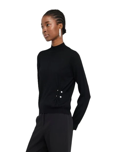 MAGLIA IN LANA CON MOTIVO ARRICCIATO IN PERLE DONNA NERO