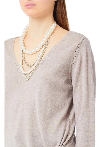 MAGLIA CON SCOLLO A V E FIOCCO LATERALE DONNA TORTORA